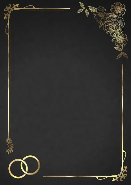 黄金の花のフレームとリングと結婚式の招待状の背景 ブラック — ストック写真