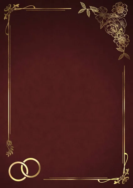 黄金の花のフレームとリングと結婚式の招待状の背景 ボルドー — ストック写真