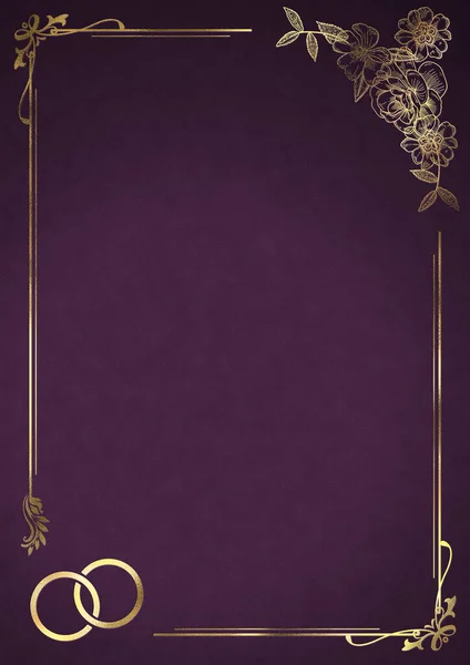 Boda Invitación Fondo Con Marco Floral Oro Anillos Violeta — Foto de Stock