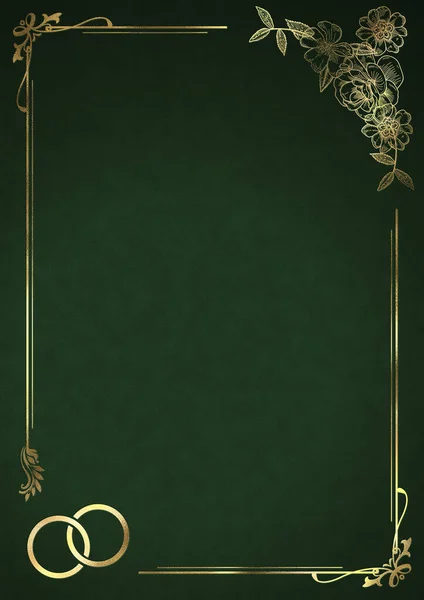 Hochzeitseinladung Hintergrund Mit Goldenem Floralrahmen Und Ringen Grün — Stockfoto
