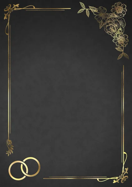 Hochzeitseinladung Hintergrund Mit Goldenem Floralrahmen Und Ringen Grau — Stockfoto