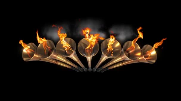 Seven Trumpets Flames Fire Smoke Black Background Revelation 20Sec 60Fps — Stock Video