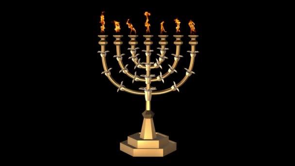 Golden Menorah Seven Arms Candlestick Almond Blossom Lit Flames Tabernacle — Stock Video