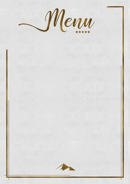 Restaurant Menu White Background Embossed Golden Letters Lines Mountain Emblem — стокове фото