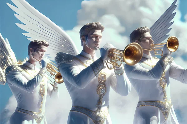 Three Angels Playing a Trumpet in the Clouds of Heaven Announcing the Gospel of Salvation to the World Jesus Will Come Back