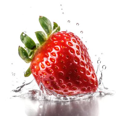 Beyaz arka planda suya düşen organik ham taze kırmızı çilek..