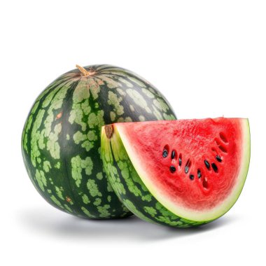 Organik çiğ taze karpuz ve beyaz arka planda dilimler..