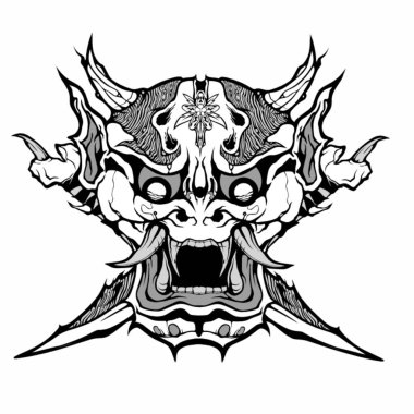 Bu bir oni maskesinin çizimi, detaylar siyah beyaz çizgiler