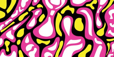 Siyah Arkaplanda Pembe, Sarı ve Beyaz Şekilli Canlı Soyut Desen. Grafik tasarımı, baskılar, sunumlar, posterler, kitap kapakları, kartvizitler, ürün ambalajlama veya modern markalaşma unsurları