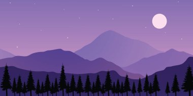 Resimli dağlar ağaçlarla kaplıdır ve gökyüzü yıldızlarla doludur. Mor gökyüzü ve büyük bir ay. Sahne huzurlu ve sakin, sükunet hissi uyandırıyor.