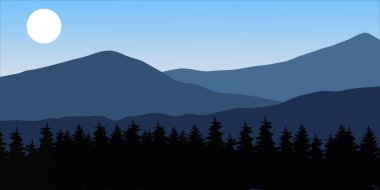 Gökyüzünde büyük bir ay olan bir illüstrasyon sıradağının manzarası. Dağlar karanlık ve gökyüzü mavi. Ağaç siluetiyle
