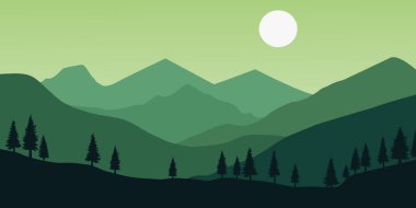 Yeşil doğal atmosferi olan bir dağ manzarasının çizimi. Ay ışıl ışıl parlıyor ve çam ağaçları siluetli