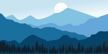 Mavi gökyüzü olan resimli manzara sıradağları. Dağlar ağaçlarla örtülmüş, gök parlak ve parıl parıl. Sahne huzurlu ve huzurlu Yazdır