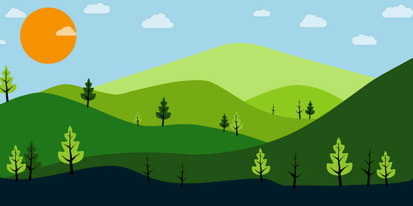 A mountain landscape with a sun in the sky. The mountains are green and there are trees in the foreground