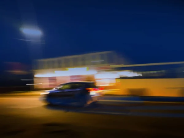 Blur Effects Car Moves Fast Speed Blured Neon Glowing Road — Stock Fotó