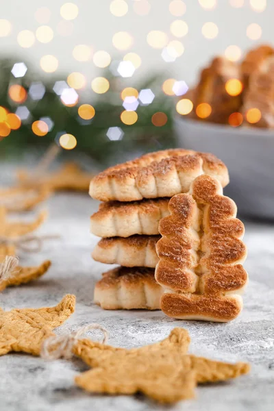 Christmas Composition Tree Shaped Butter Cookies Star Garland Bokeh Lights — Stock Photo, Image