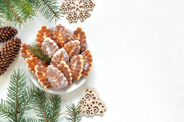 Christmas Tree Shaped Shortbread Cookies Plate Fir Tree Branches Wooden — Stock Photo, Image