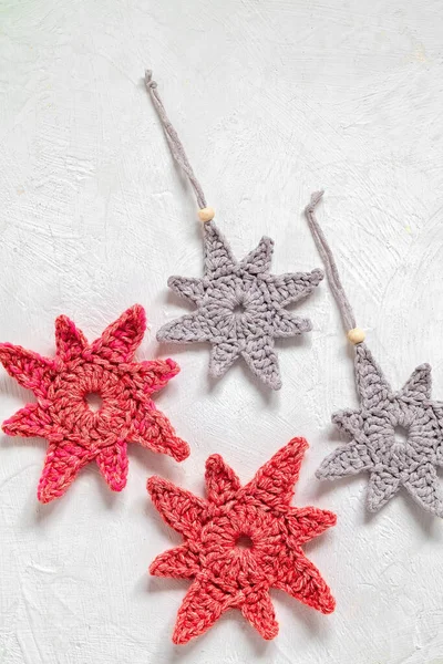 Grey Red Crochet Star Christmas Tree Toys White Background Copy Stock Photo
