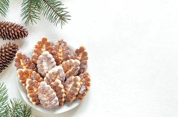 Christmas Tree Shaped Shortbread Cookies Plate Fir Tree Branches Fir — Stock Photo, Image