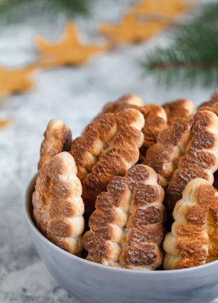 Grey Bowl Tree Shaped Biscuits Delicious Christmas Bakery — Stock Photo, Image