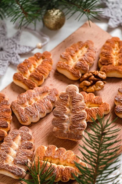 Tree Shaped Butter Cookies Close Wooden Board Fir Tree Branches — Stock Photo, Image