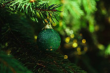 Bulanık parlak bir arka planda yeşil bir topu olan bir Noel ağacı. Noel konsepti.