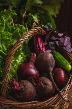 Çiftçi pazarından taze sebzeler sepeti. Sağlıklı vejetaryen yemekleri.