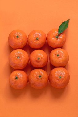 Turuncu arka planda kare şeklinde taze organik mandalinalar. Uzayı kopyala Yaratıcı kavram.