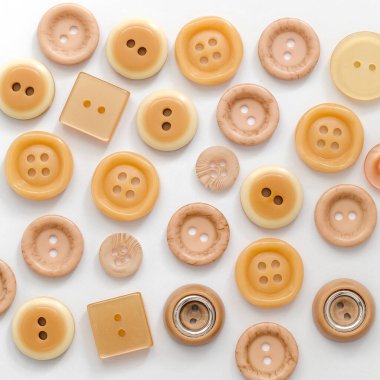 Beige plastic buttons background. Sewing tools. Top view.
