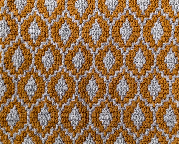 黄色の灰色のモザイクかぎ針編みのテクスチャ 楕円形の繰り返しパターン 編まれた背景 — ストック写真