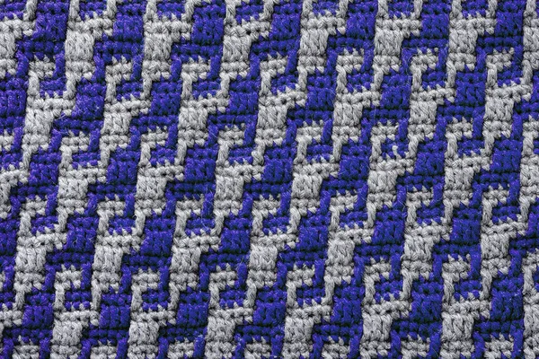 Texture Crochet Fabric Blue Grey Geometric Pattern Mosaic Crochet Background — Stock Photo, Image