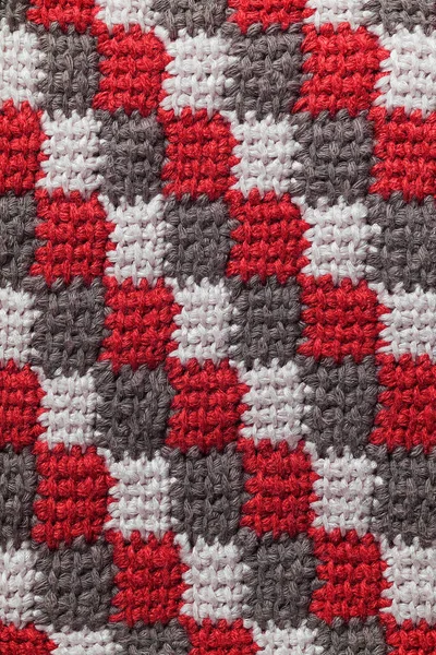 Relíquia Crochê Vermelho Branco Cinza Tricotado Fundo — Fotografia de Stock