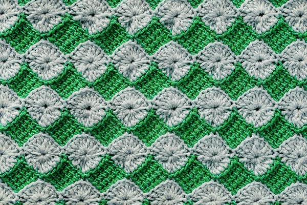 Fehér Zöld Horgolt Virágminta Horgolt Tuniszi Minta Kötött Textúra — Stock Fotó