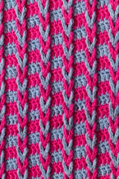 Knitted Fabric Background Pink Blue Crochet Chain Loop Braids Pattern — Stock Photo, Image