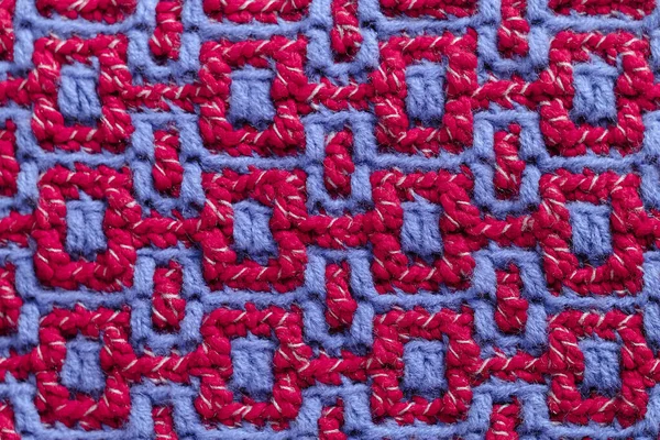 Crochet Patrón Geométrico Rosa Azul Claro Patrón Mosaico Ganchillo Cerca —  Fotos de Stock