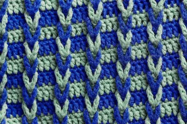Fundo Tecido Malha Azul Cinza Crochet Cadeia Loop Tranças Padrão — Fotografia de Stock