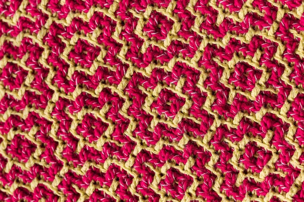 Gebreide Textuur Met Magenta Geel Geometrisch Arabisch Patroon Haak Mozaïek — Stockfoto