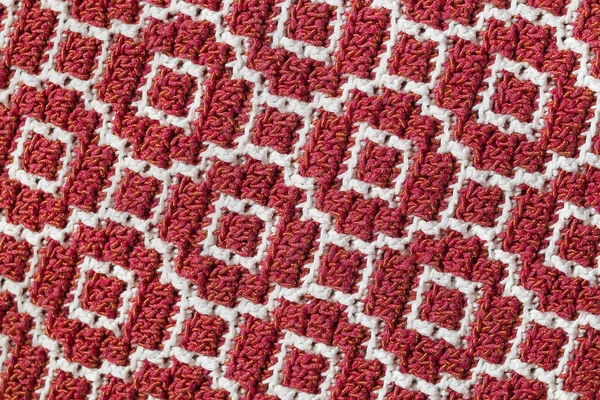 Vermelho Padrão Mosaico Crochê Branco Textura Crochê Sem Costura Fundo — Fotografia de Stock