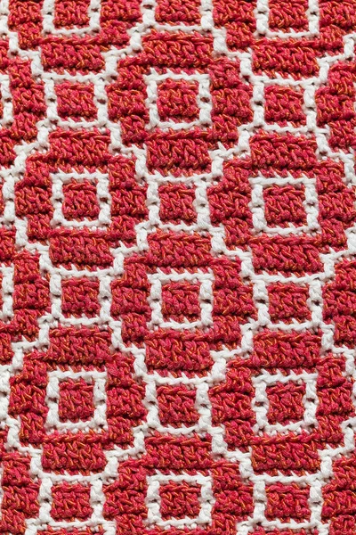 Abstrato Tecido Crochê Sem Costura Padrão Crochê Mosaico Vermelho Fundo — Fotografia de Stock