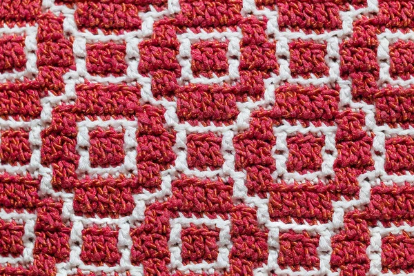 Textura Crochê Branco Vermelho Abstática Sobreposição Padrão Crochê Mosaico Perto — Fotografia de Stock