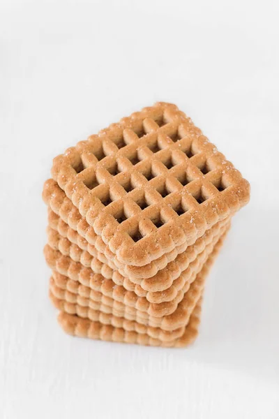 Stack Crispy Square Biscuits White Background Copy Space — Stock Photo, Image