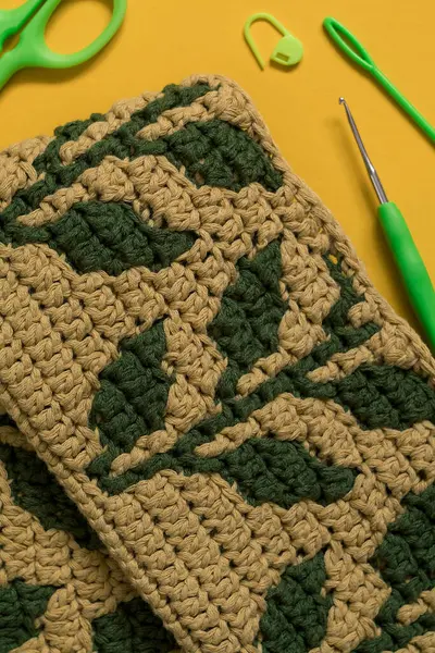 Yellow green crochet fabric with foliage pattern and crochet tools on a yellow background.