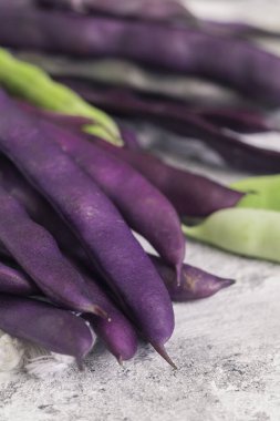 Taze toplanmış mor fasulyeler Blauhilde, yakından çek..