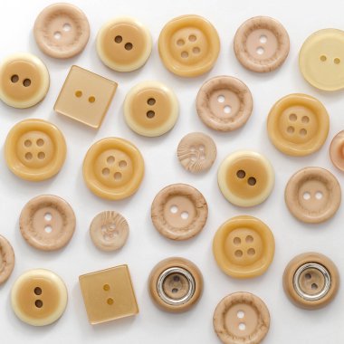 Beige plastic buttons background. Sewing tools. Top view.