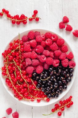 Ahududulu beyaz tabak, beyaz arka planda kırmızı ve siyah kuşüzümü. Doğal tatlılar. Üst görünüm.