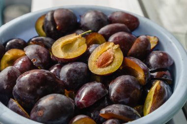 Erikli reçel malzemesi olarak kasedeki mavi erikler..