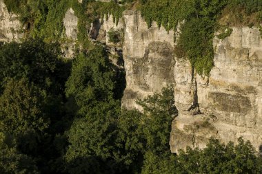 Kamianets-Podilskyi, Ukrayna. Rocky uçurumları canlı yeşilliklerle kaplı, doğal manzarayı ve jeolojik özellikleri vurguluyor.