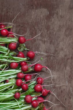 Ahşap bir arka planda yeşil yapraklı taze kırmızı turp..