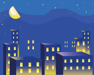  Night city. Urban landscape. Vector illustration.300 dpi.CMYK color.Flat design. clipart