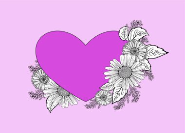 Heart and flowers on a pink background. Hand drawing. Vector.